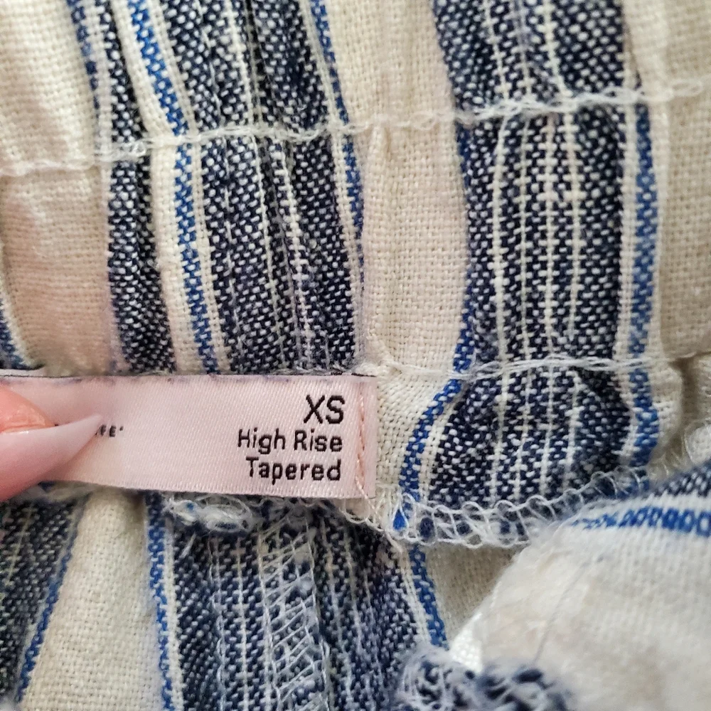 High Rise Blue & Ivory Stripe Linen  High-Rise Pant Tapered - Size XS - Picture 9 of 9